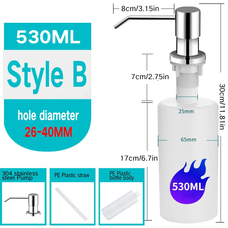 Stainless Steel Sink Soap Dispenser Kitchen Detergent Liquid Soap Dispenser Refillable Hand Press Sink Built-in Bottle