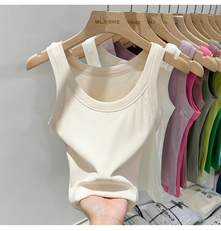 Women Solid Round Neck Ribbed Tank Top Camisole Women 2026 Summer Basic Elastic Tank Top O Neck Solid Tank Top