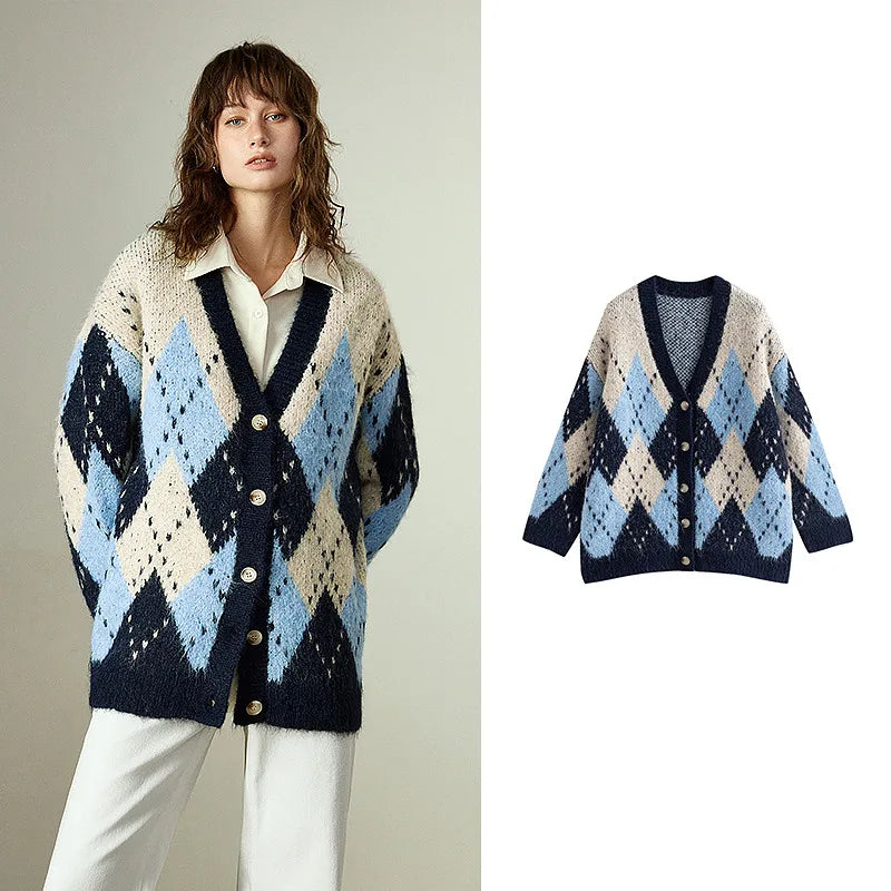 TOYOUTH Women Sweater Coats 2025 Winter New Retro Nordic Colorblock Argyle V-Neck Loose Wool-Blend Outerwear