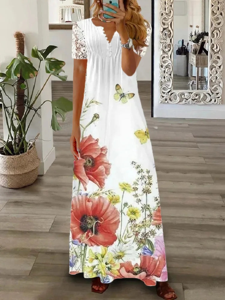 Spring Women Lace Button Loose Boho Vintage Ruffles Dresses Befree Summer Elegant Party Large Big Summer Party Maxi Dress