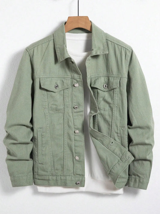 Men's Denim Jacket for Spring and Autumn. Green Coat. Fashionable, Trendy, Simple Style. For Daily Casual Wear.