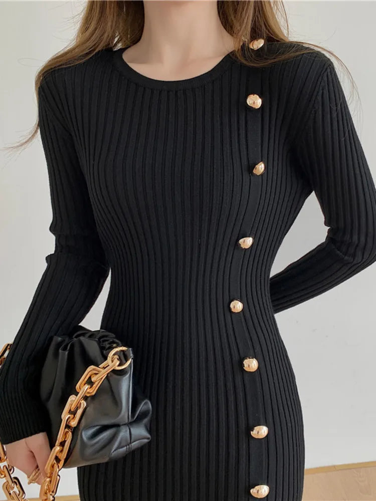 Autumn Warm Fashion Woman Elegant Clothing Knitted Vintage Dresses Sweater Dress Femme Winter Vestido Feminino Thicken