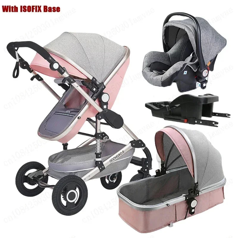 Baby stroller 3in1 with car seat with ISOFIX base, luxury high landscape baby carriage aluminum alloy frame travel stroller