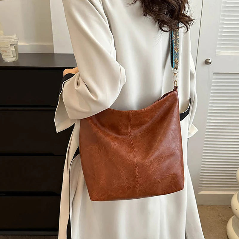 Antique Single Color Feminine Shoulder Sling Bag; Spacious, Simple, Wide Strap Bucket Crossbody Bag