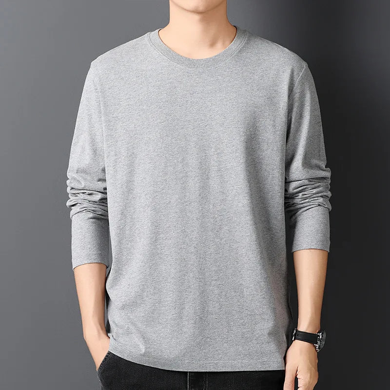 Spring Autumn 100% Cotton T-Shirts Men Solid Round Neck Long Sleeve Casual Tshirt Male Comfortable Breathable Korean Slim Tees