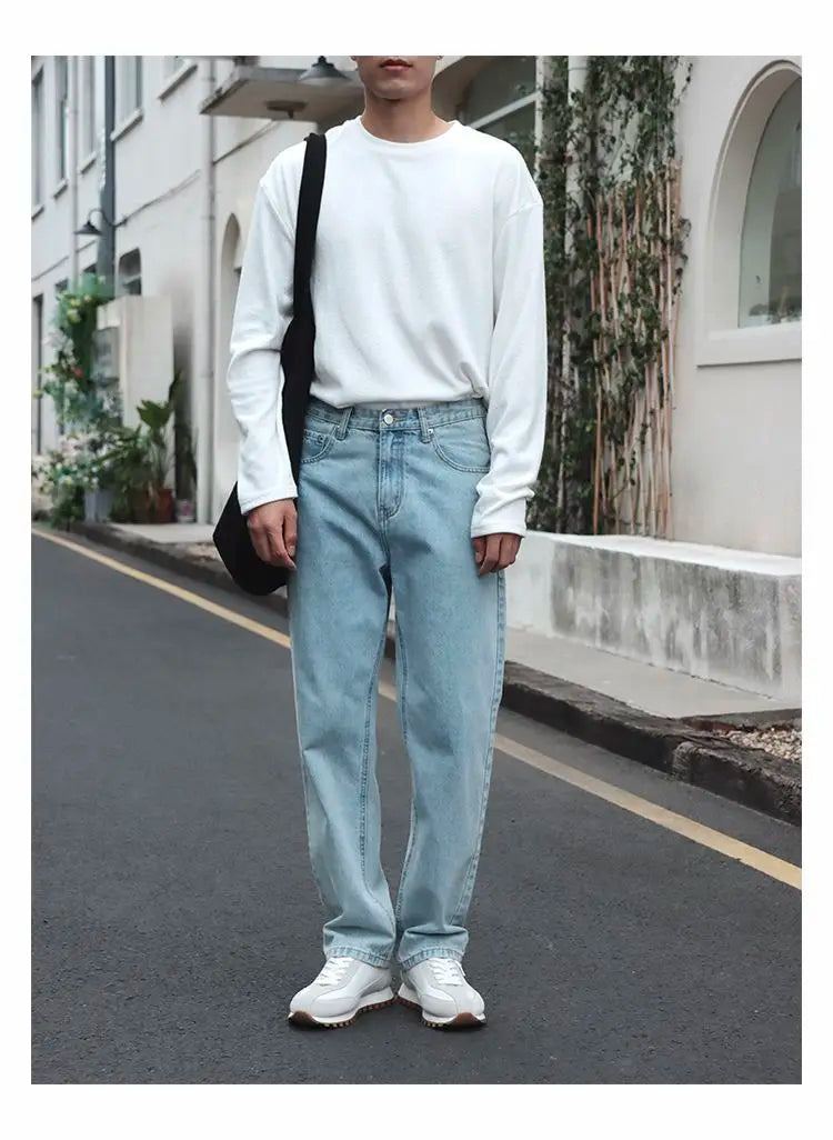New 2026 Men's Designer High-end Straight-leg Jeans Korean Vintage Light Blue Jeans Menswear Clothing Cowboy Work Pants Man