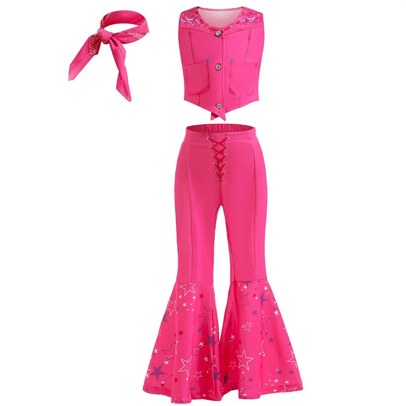 Toddler Girls Cowboy Pink Vest Pants Scarf 3 Pcs Clothing Set Margot Movie Role Play Costume Barbi Cowgirl Youth Outfit Cosplay