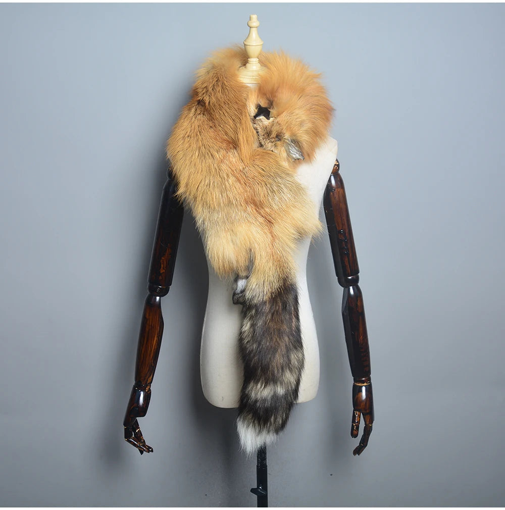 Winter Warm Large Real Fox Fur Collar Natural Fur Coat Scarves Luxury Women Men Jackets Hood Shawl Decor Female Neck Scarf Wraps