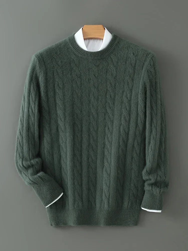 Mink Cashmere Cable Knit Pullover for Men O Neck Casual Autumn Winter Sweater Top