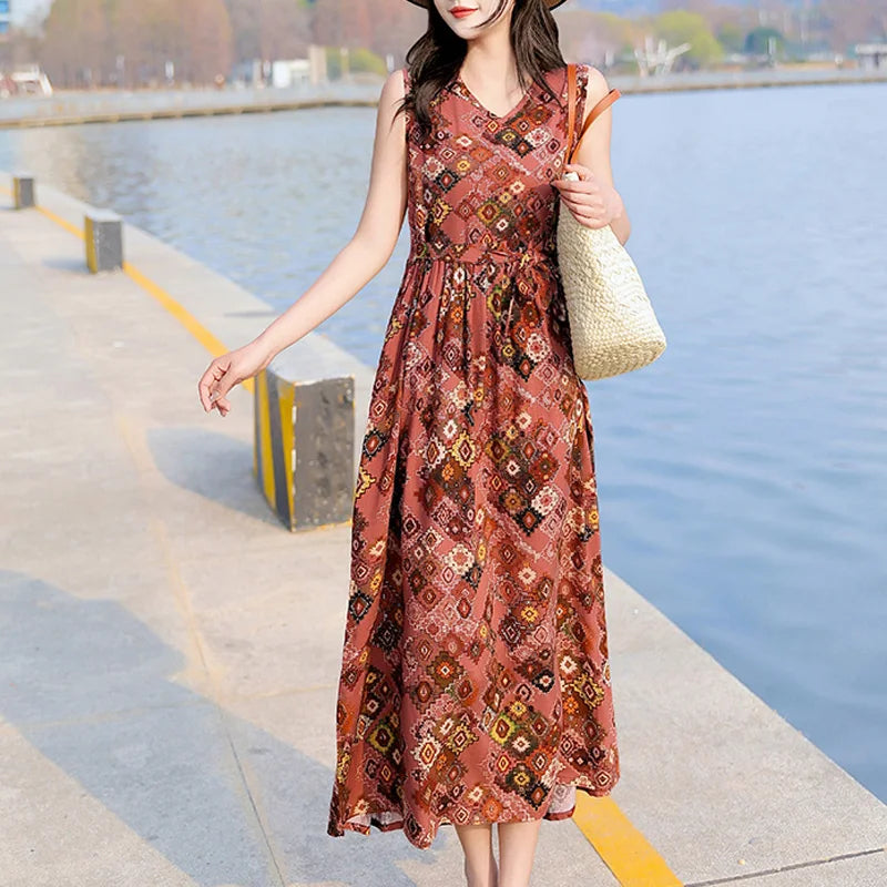 Spring Summer Dresses Fashion Female Sleeveless printed Casual Dress Women A-line Dresses Vestidos