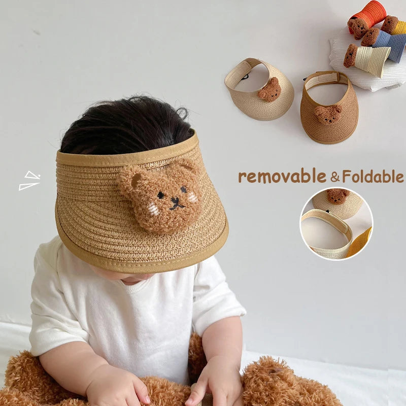 Precioso oso de dibujos animados, sombrero de paja para bebé de verano, gorras ajustables para niños y niñas, sombreros para el sol para niños, gorra transpirable para niños pequeños