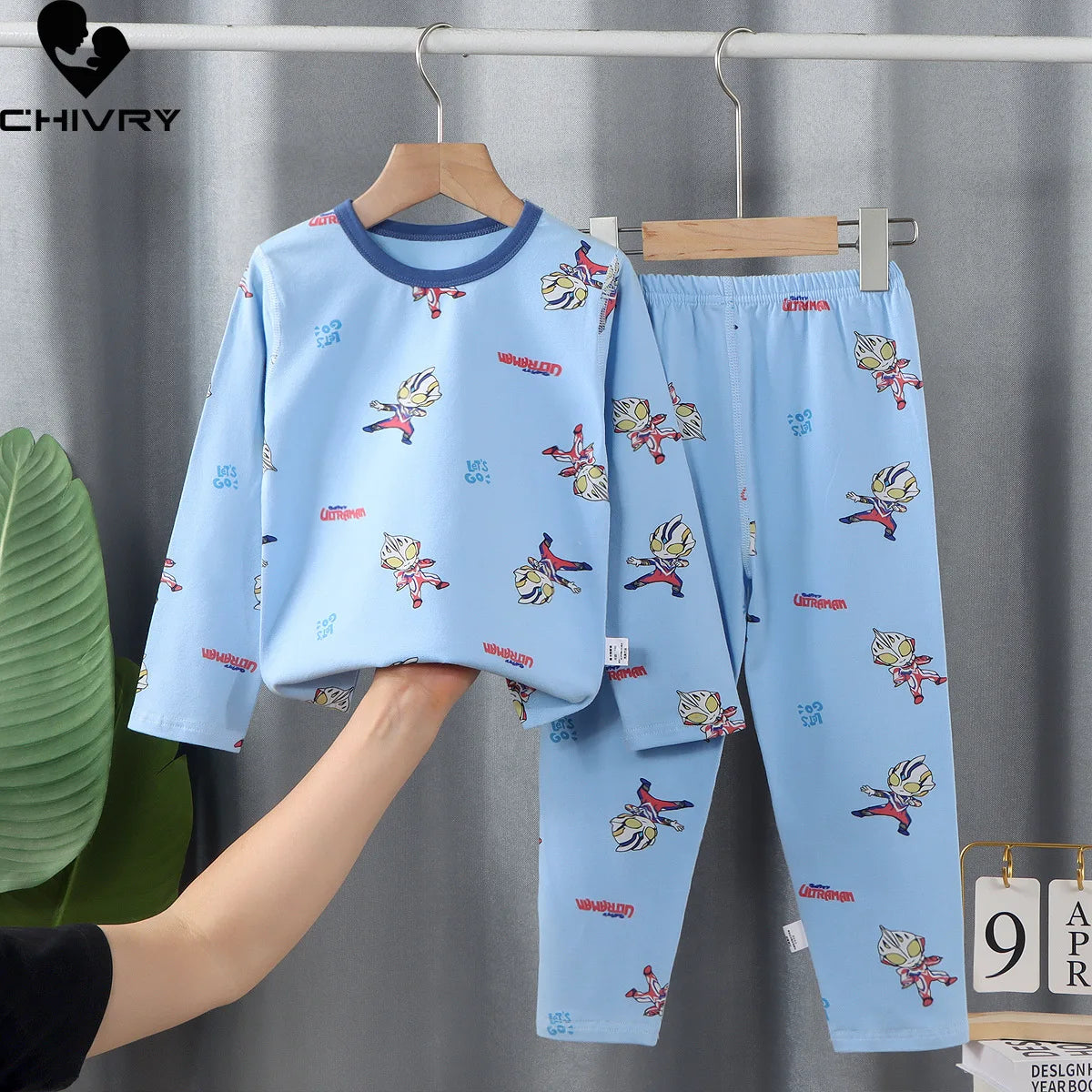 Kids Boys Girls Lycra Pajamas Cartoon Long Sleeve O-Neck T-Shirt with Pants Toddler Baby Autumn Sleeping Clothes Sets