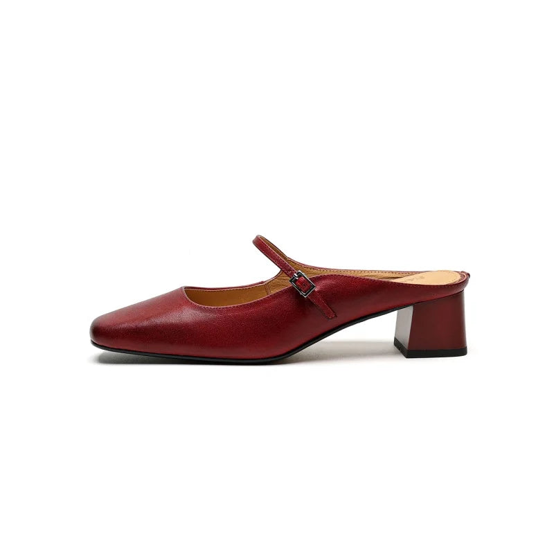 2026 New Summer Women Mules Genuine Leather Women Shoes Squared Toe med Heel Cover Toe Slingback Shallow Modern Slippers