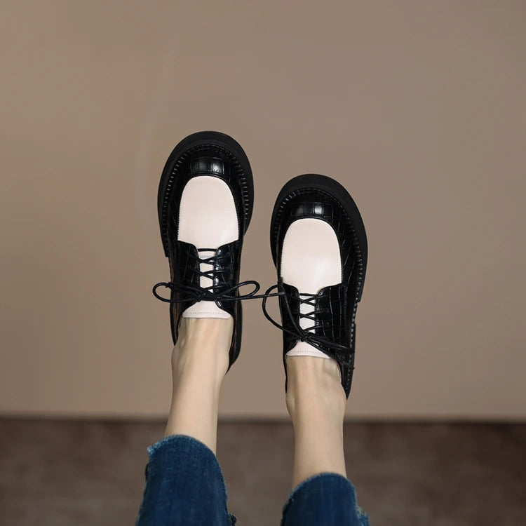 2024 New Spring Genuine Leather Women Shoes Casual Lace-up Loafers Round Toe Platform Shoes Shoes Woman Zapatos De Mujer Women