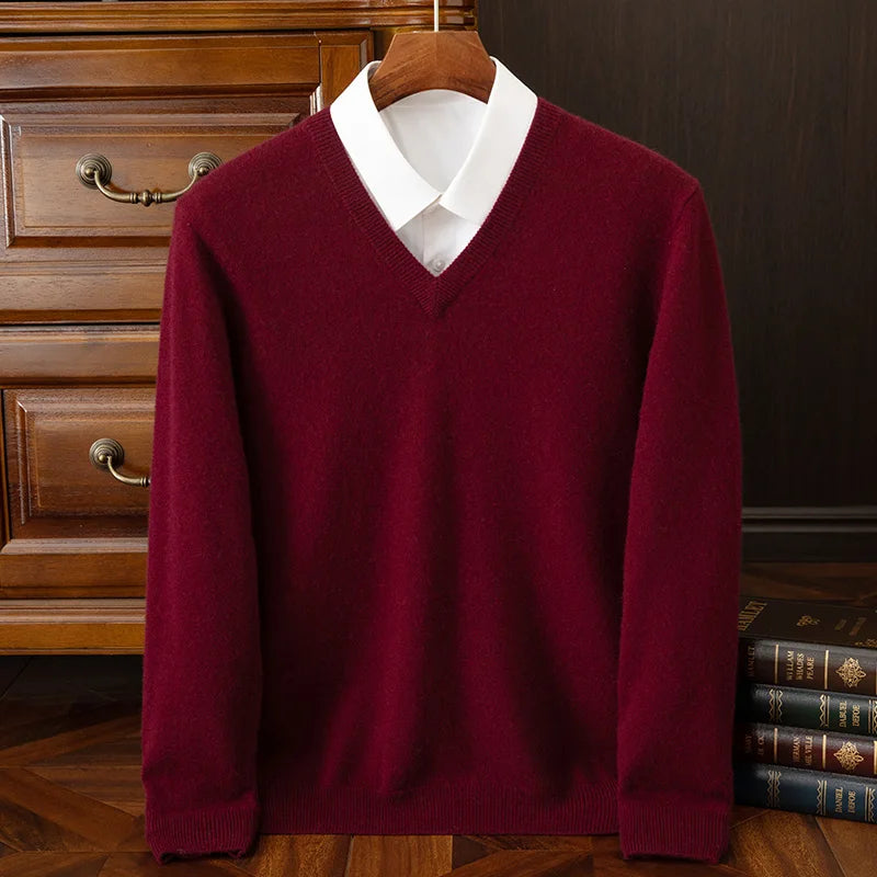 100% Cashmere Men's Pullover Casual Solid Color Knitted Sweater Loose Pull V-Neck Tops Basic Versatile Jumper