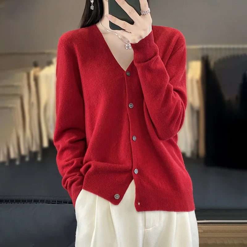 New Fashion Spring Autumn 100% Merino Wool Women's V-neck Cardigan Cashmere Sweater 2024 Female Knitwear Clothing Korean Tops