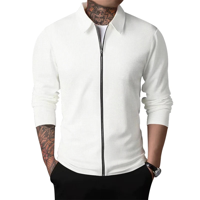 Spring and autumn new men's Sportswear, zippered long sleeved polo shirt+polyester fiber, solid checkered