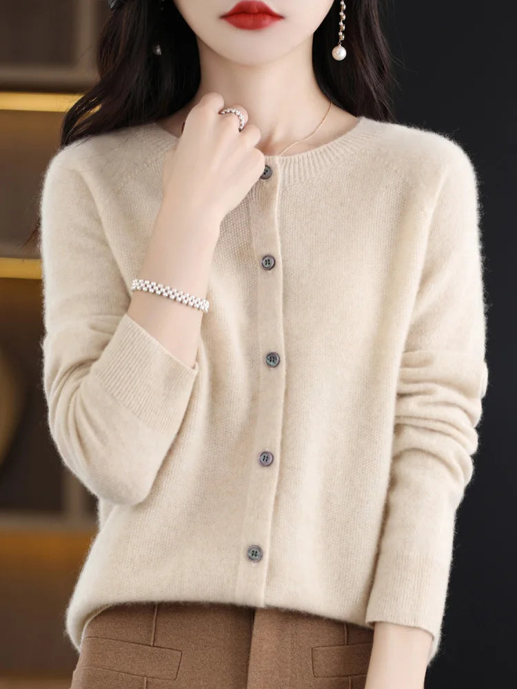 Women Cashmere Sweater 100% Merino Wool Knitted Cardigan Autumn Winter  Knitwear O-Neck Female  Solid Color Casual Fashion Top