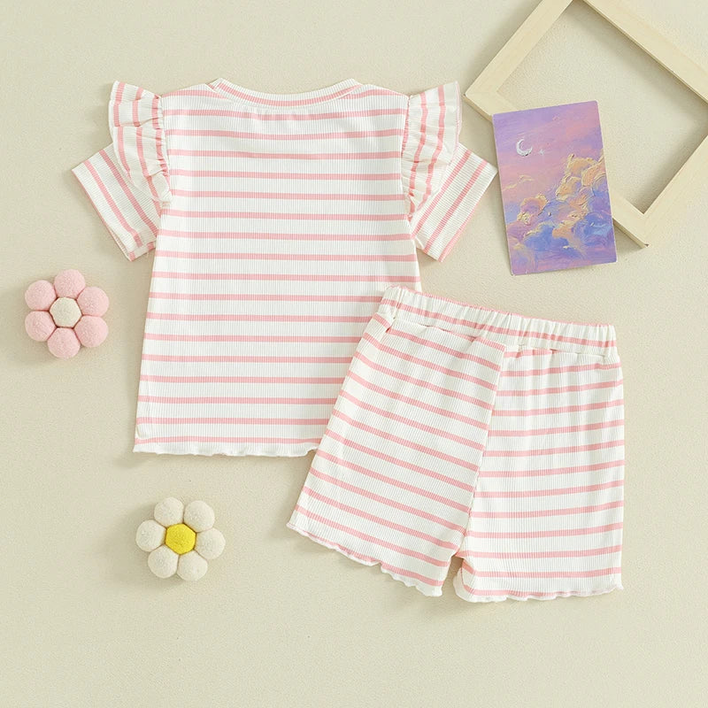 2024-01-23 Lioraitiin Conjunto de verano para niña pequeña, camiseta de manga corta con volantes y punto gofre, conjunto de pantalones cortos, conjunto de ropa de 2 uds.