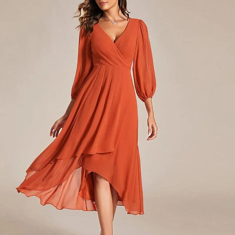 Spring Summer Elegant V Neck A-Line Long Dress Women Fashion Mesh Sleeve Loose Party Dress Women Beach Holiday Evening Dresses