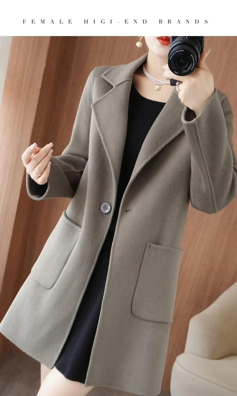 100% Pure Wool Double-Sided Cashmere Jacket Women Overcoat  Autumn Winter New Mid-Length One-Button Slim Wool Windbreakers coat