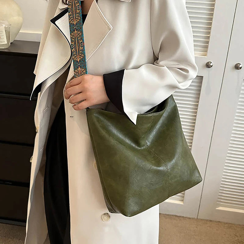 Antique Single Color Feminine Shoulder Sling Bag; Spacious, Simple, Wide Strap Bucket Crossbody Bag