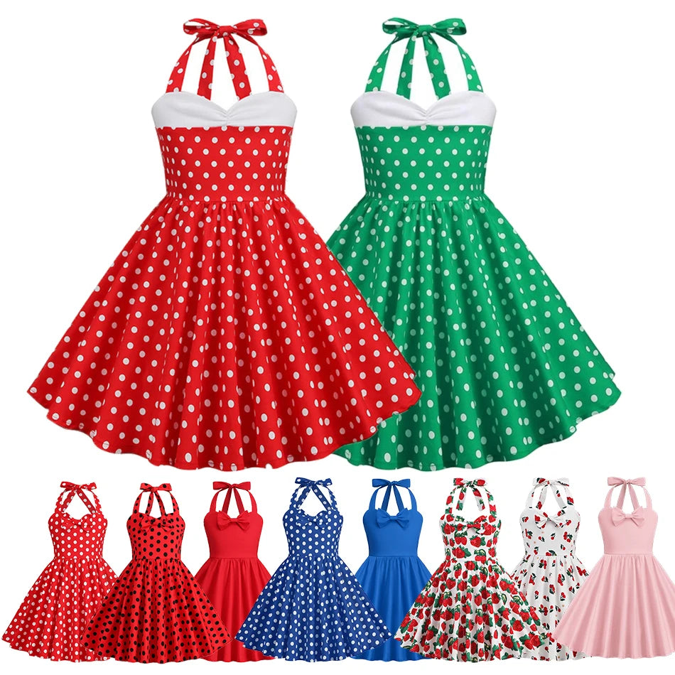 Vintage Polka Dot Halter Dress 50s Audrey Retro Swing Party Dress Print Sleeveless A-Line Casual Dress Toddler Girls Clothes