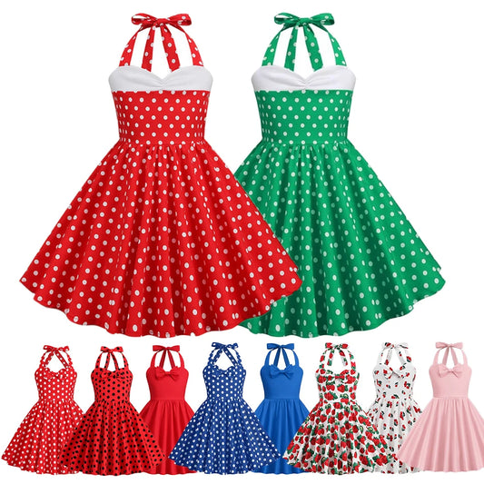 Vintage Polka Dot Halter Dress 50s Audrey Retro Swing Party Dress Print Sleeveless A-Line Casual Dress Toddler Girls Clothes