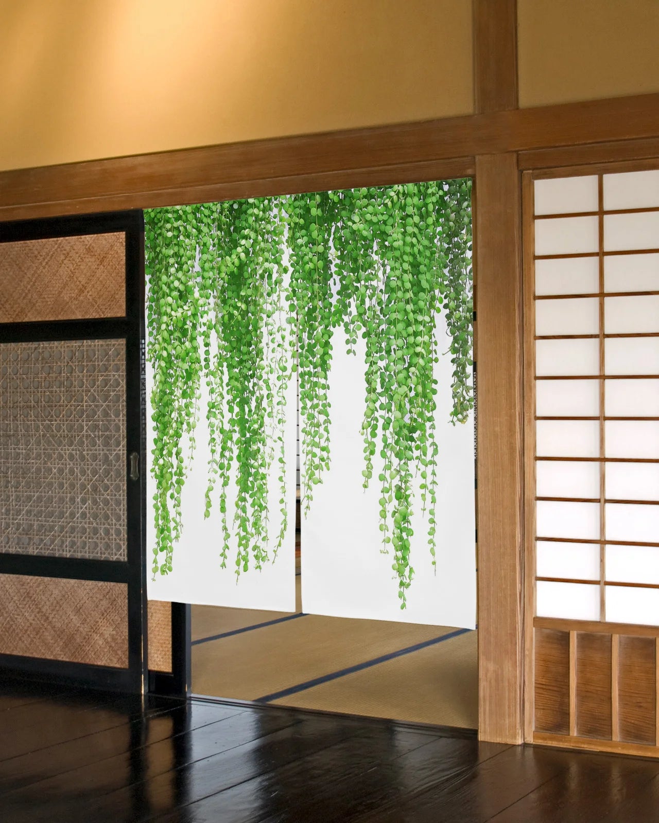 Plant Green Rattan Leaves Door Curtains Japanese Style Partition Split Curtain for Kitchen Bedroom Decorative Doorway Curtains