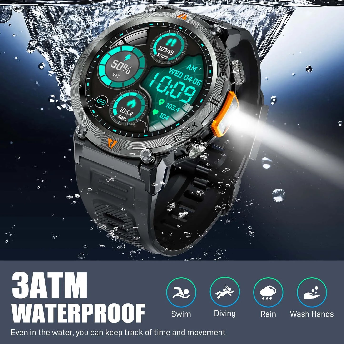 EIGIIS Smart Watch KE3 3ATM Waterproof Sport Genuine Original Design Men Bluetooth Call Health Monitor With Flashlight