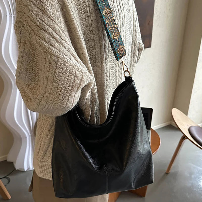 Antique Single Color Feminine Shoulder Sling Bag; Spacious, Simple, Wide Strap Bucket Crossbody Bag