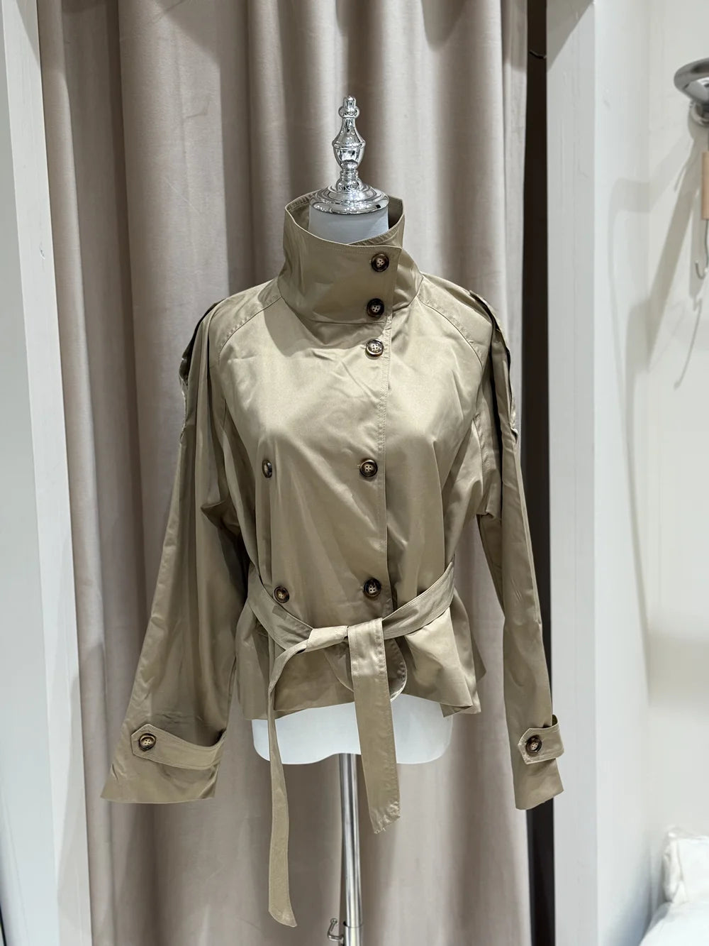 Belted Waist Cropped Trench Jackets Women Double Breasted Stand Collar Coats 2025 Autumn Chic Casual Vintage Jacket Women Cloth