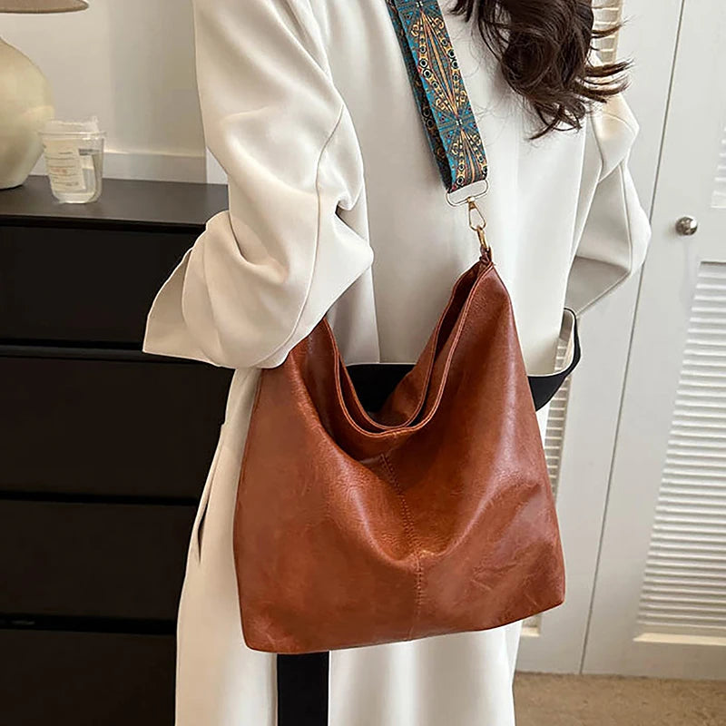 Antique Single Color Feminine Shoulder Sling Bag; Spacious, Simple, Wide Strap Bucket Crossbody Bag