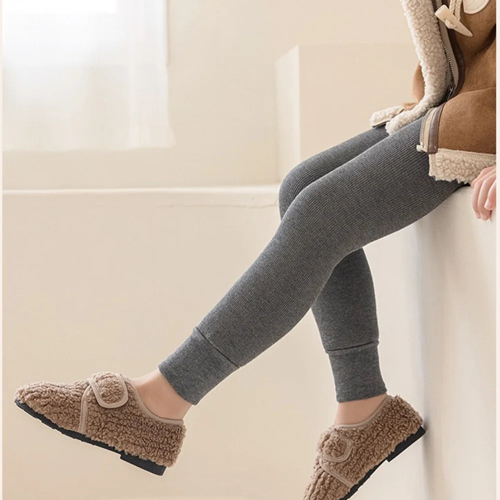 Girls Thermal Leggings Autumn Winter Thick Fleece Lined Kids Warm Stretchy Skinny Pants Solid Color Children Casual Trousers