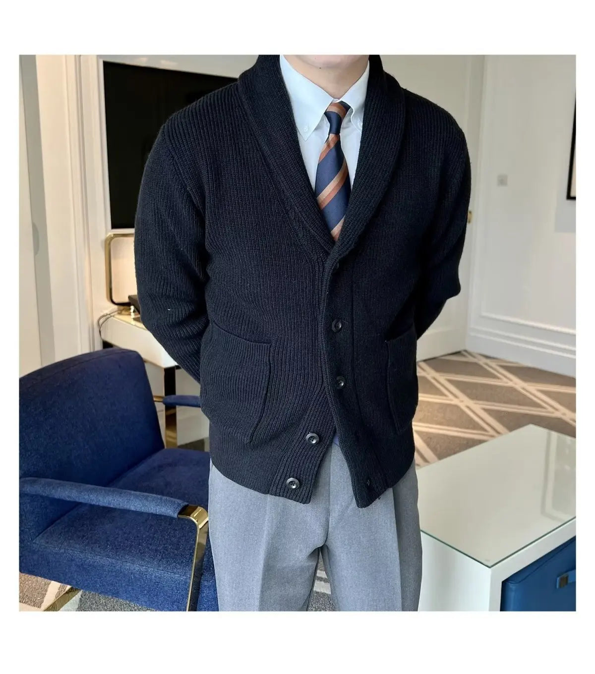 Men's Clothing Cardigan Jacket V Neck Coat Knit Sweater Male Plaid Elegant Casual Long Sleeve 100% Korean 2024 Autumn Classic