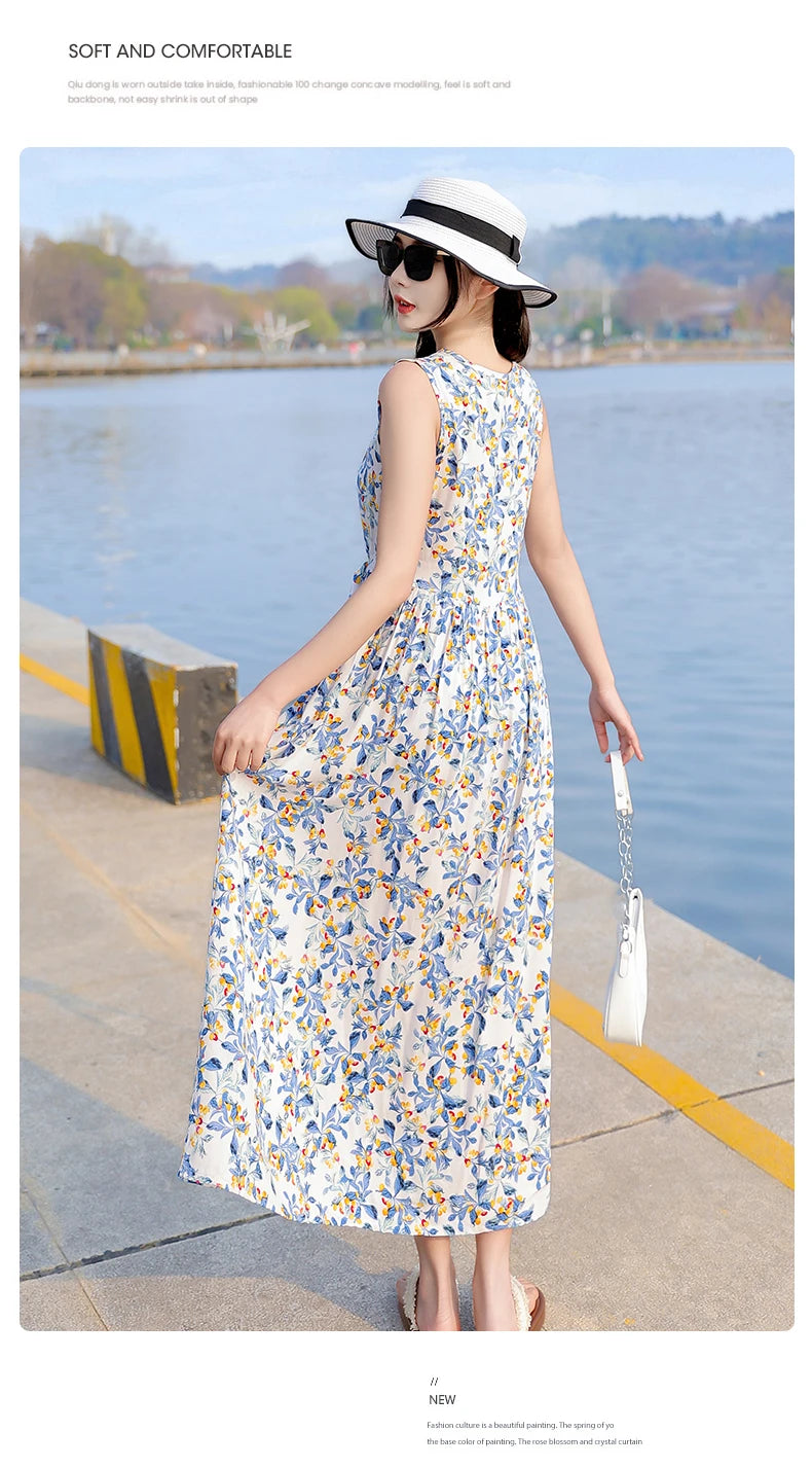 Spring Summer Dresses Fashion Female Sleeveless printed Casual Dress Women A-line Dresses Vestidos