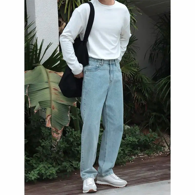 New 2026 Men's Designer High-end Straight-leg Jeans Korean Vintage Light Blue Jeans Menswear Clothing Cowboy Work Pants Man