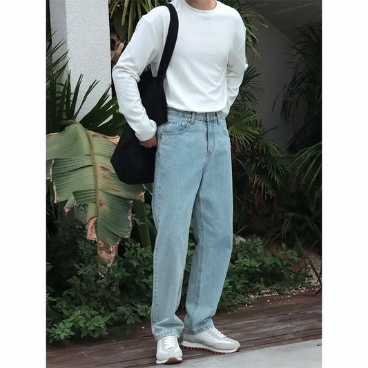 New 2026 Men's Designer High-end Straight-leg Jeans Korean Vintage Light Blue Jeans Menswear Clothing Cowboy Work Pants Man