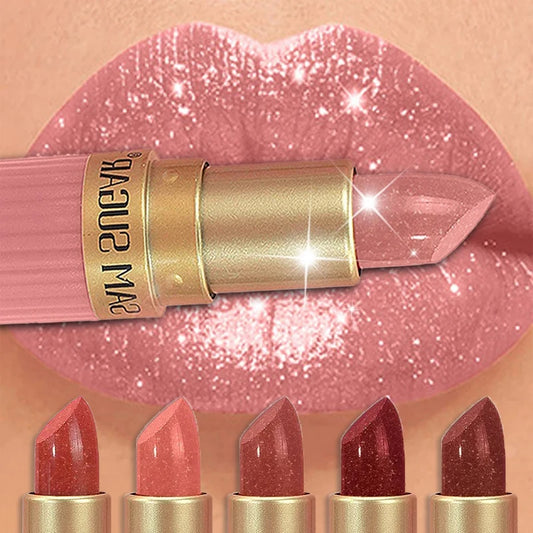 Pearlescent Pink Glitter Lipstick Metallic Waterproof Long Lasting Nude Matte Velvet Lip Stick Shimmer Diamond Women Sexy Makeup