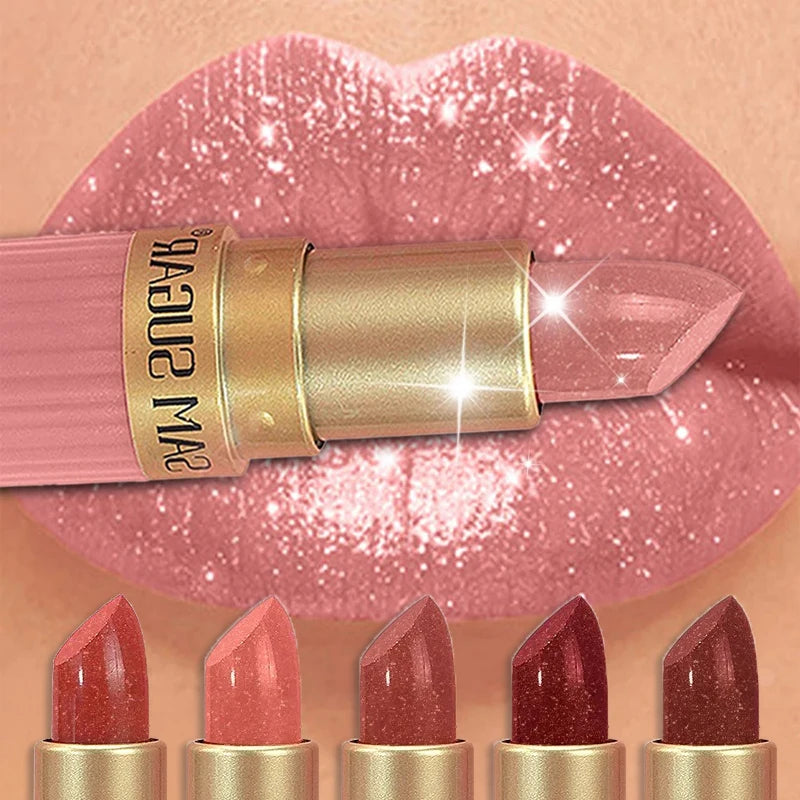 Pearlescent Pink Glitter Lipstick Metallic Waterproof Long Lasting Nude Matte Velvet Lip Stick Shimmer Diamond Women Sexy Makeup