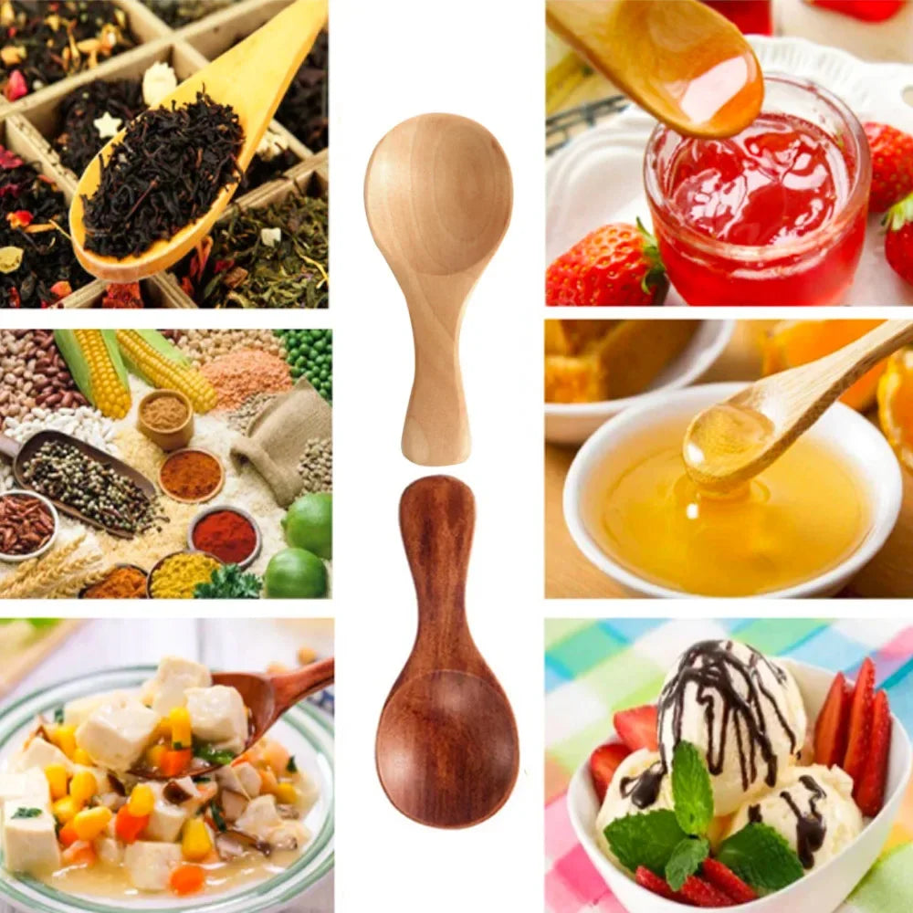 4Pcs Mini Wooden Spoons Small Kitchen Spice Condiment Spoon Sugar Tea Coffee Scoop Short Handle Wood Kids Spoon Kitchen Gadgets