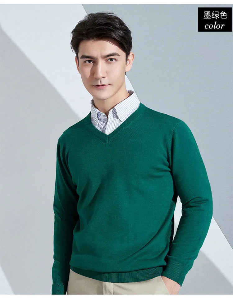 Cashmere Cotton Blend Classic V-neck Knitted Sweater Men Pullover 2024 Autumn Winter Soft Warm Business Casual Jumper pull homme
