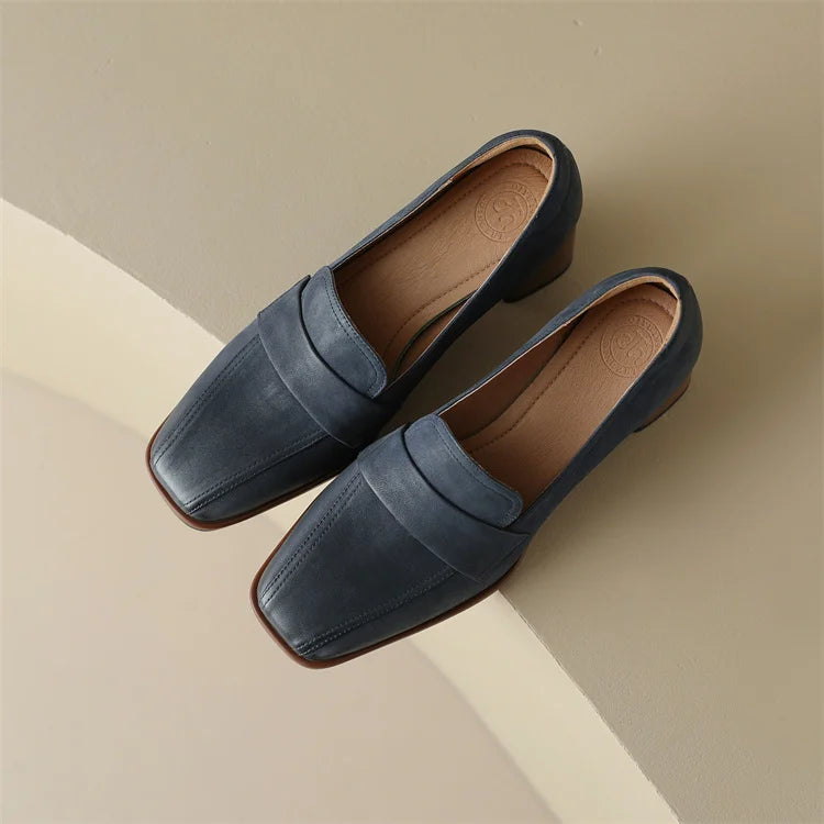 2024 Spring New GENUINE LEATHER Women Shoes LEISURE Women Slip-On Shallow Pumps Square Toe Heels Shoes Women Zapatos De Mujer
