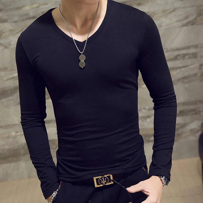 Elastic Mens T-Shirt O-Neck Round Neck Long Sleeve Men T-Shirt For Male Lycra And Cotton T-Shirts Man Clothing