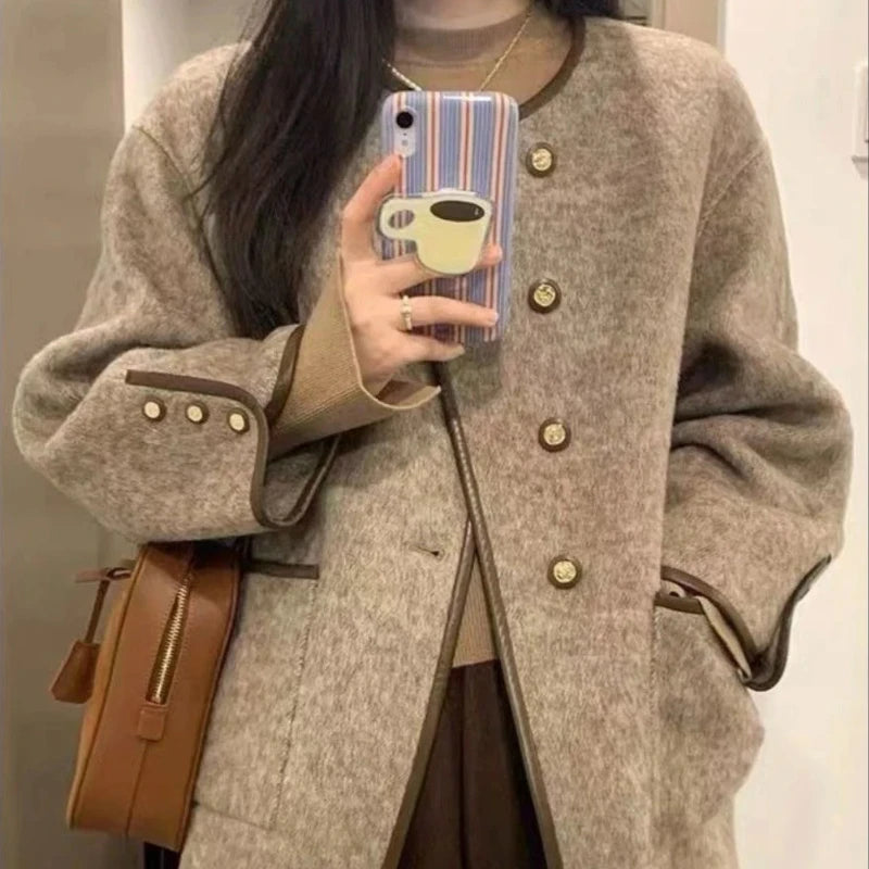 Wool Blend Coat for Women Short Plain Half Long Sleeve Elegant Mixtures Jacket Woman Fashion 2025 Winter Clothes Single Cheap