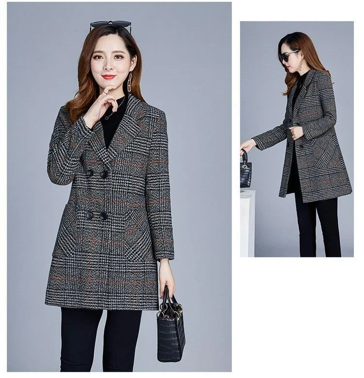 Mother's clothing Plaid Woolen Jacket 5xl Autumn Winter Female Thicken Slim Middle length Outwear Korea Women's Casual Wool Coat