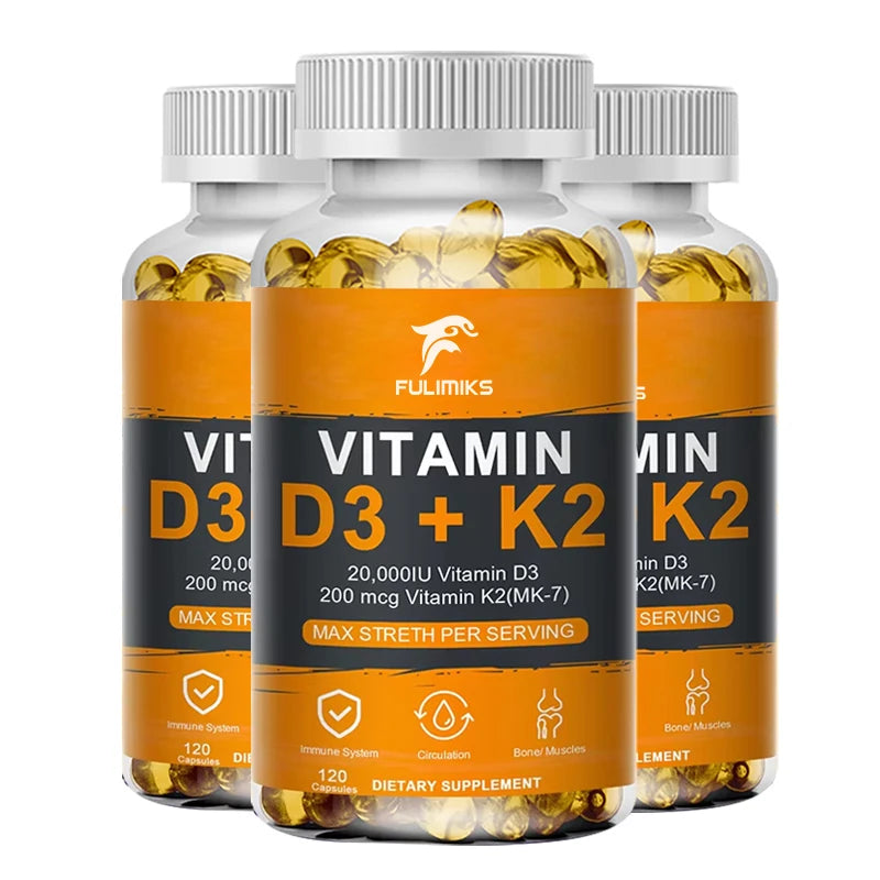 Vitamin D3 K2 Capsule - 20,000 IU Vitamin D3 Promotes Strong Bones, Calcium Absorption, Teeth, Heart, Cardiovascular Health
