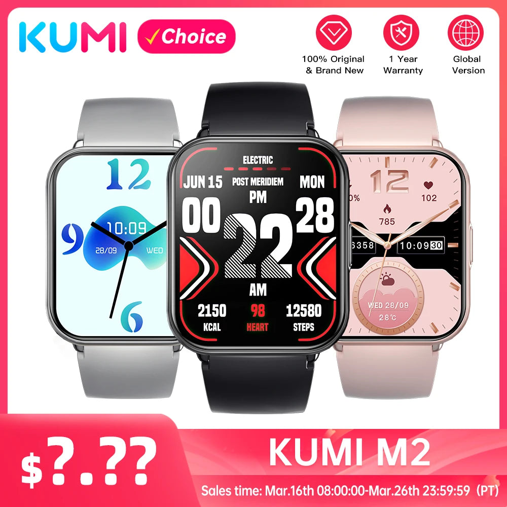 KUMI M2 Smart Watch 1.83" HD Screen ChatGPT 100+ AI Watch Faces 2ATM Bluetooth Calling 100+ Sports Modes Health Monitoring