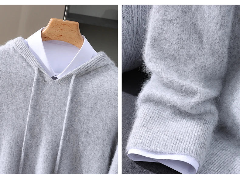 Men's Clothing: 100% Pure Mink Cashmere Knitted Sweater Casual And Loose Large-Sized Hooded Pullover Autumn Winter New Products