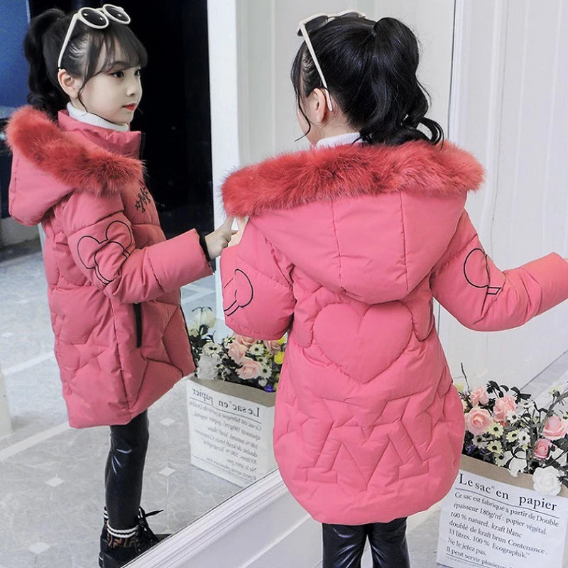 4-12 Years Winter Girls Jacket Fashion Printing Thick Keep Warm Cold Protection Detachable Hooded Windbreaker Coat For Girl